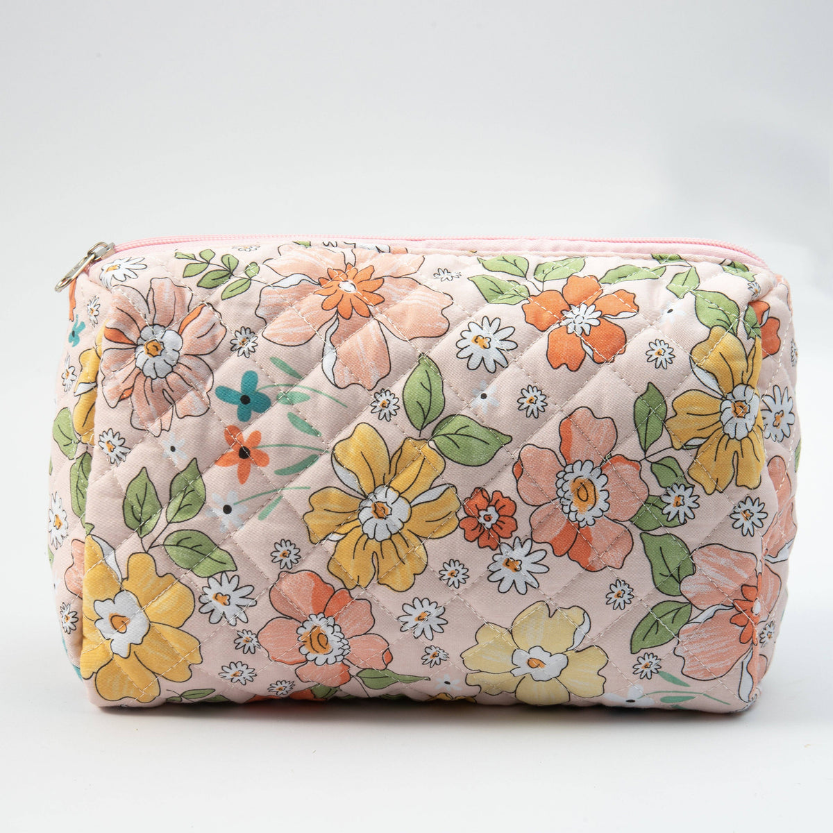 Pink Floral Quilted Cotton Bag - Travel Makeup Bag