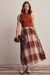 Mock Neck Plaid Midi Dress