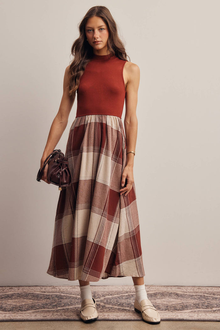 Mock Neck Plaid Midi Dress