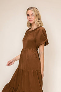 Brown Puff Sleeve Midi Dress