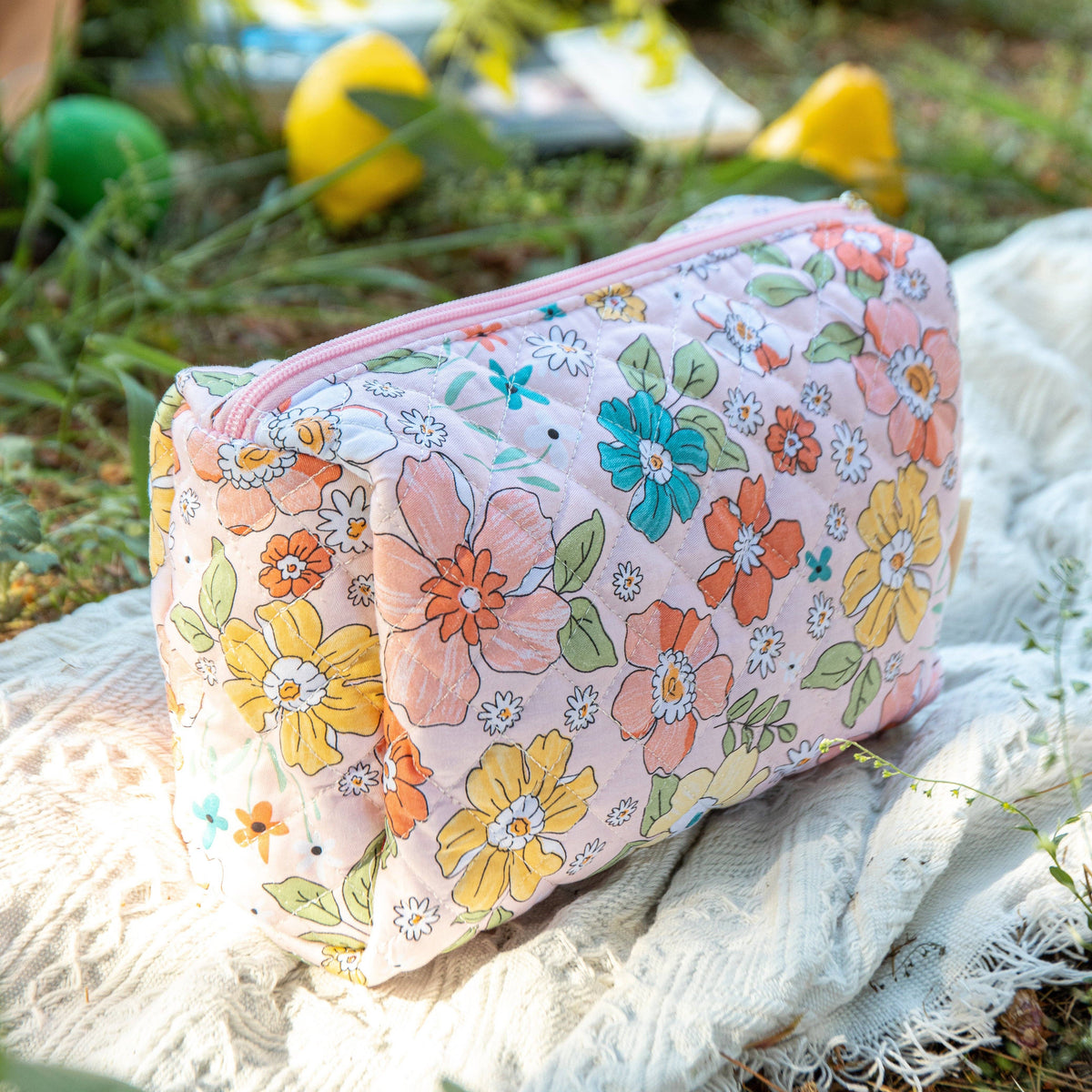 Pink Floral Quilted Cotton Bag - Travel Makeup Bag