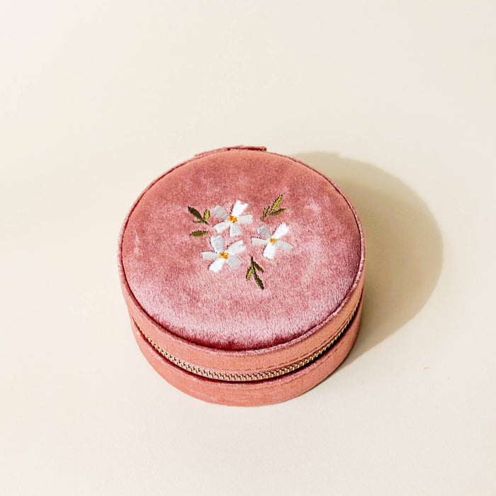 Floral Rose Round Velvet Jewelry Case