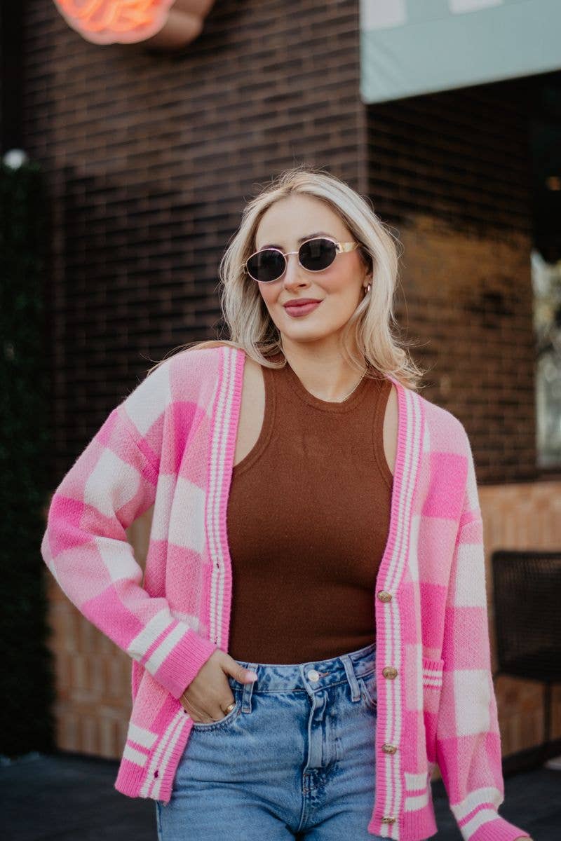 Pink Open Front Plaid Gold Cardigan