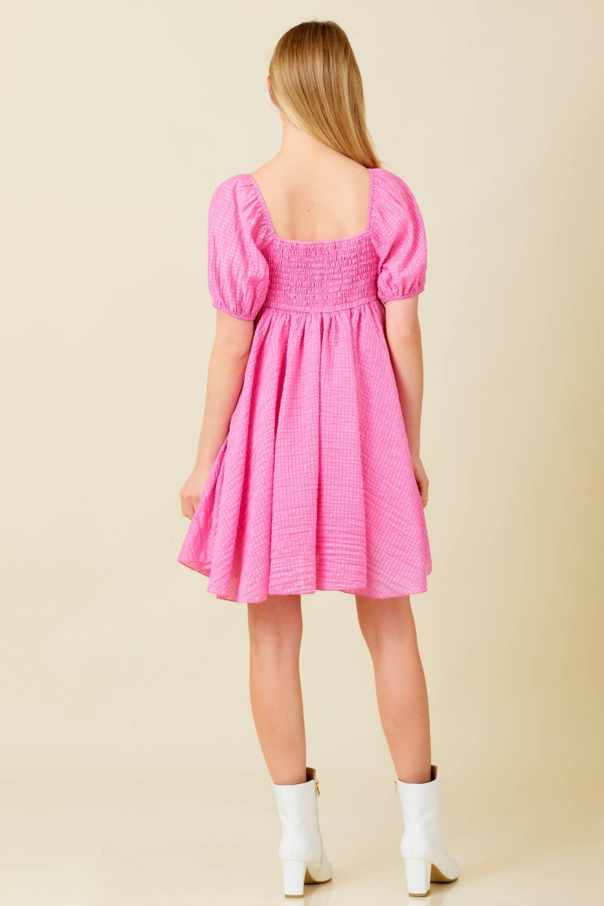 Pink Textured Woven Babydoll Dress
