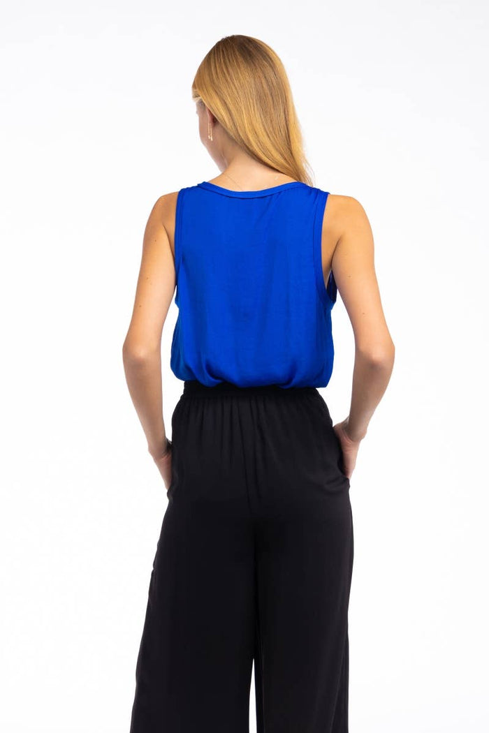 Blue Scoop Neck Satin Tank Top