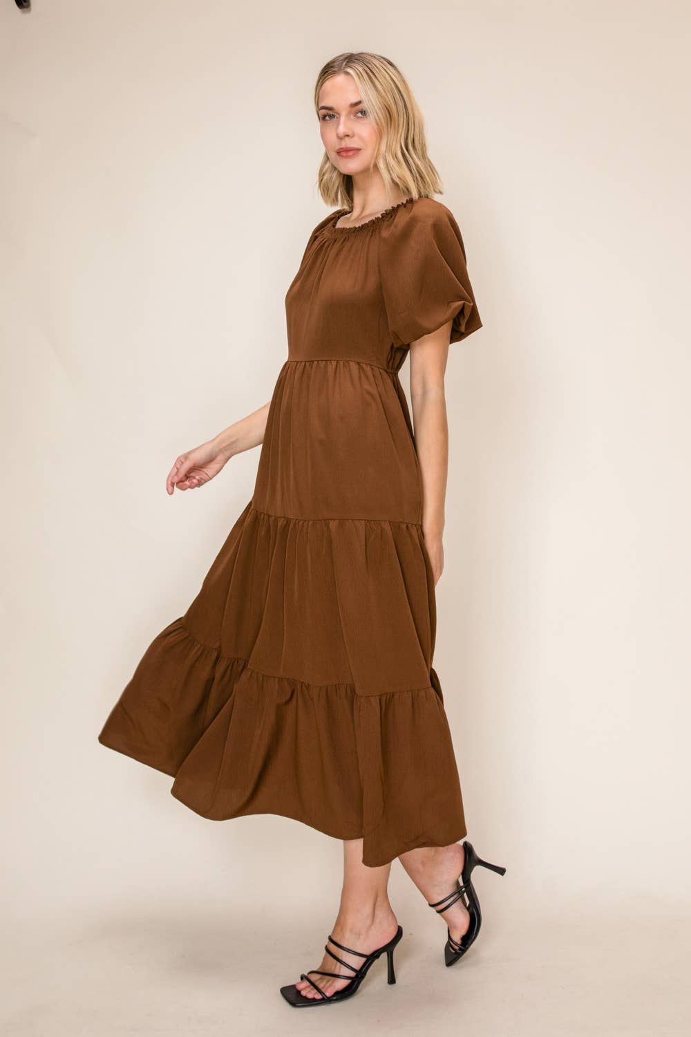 Brown Puff Sleeve Midi Dress