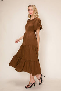 Brown Puff Sleeve Midi Dress