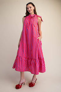 Pink Striped Sleeveless Midi Dress