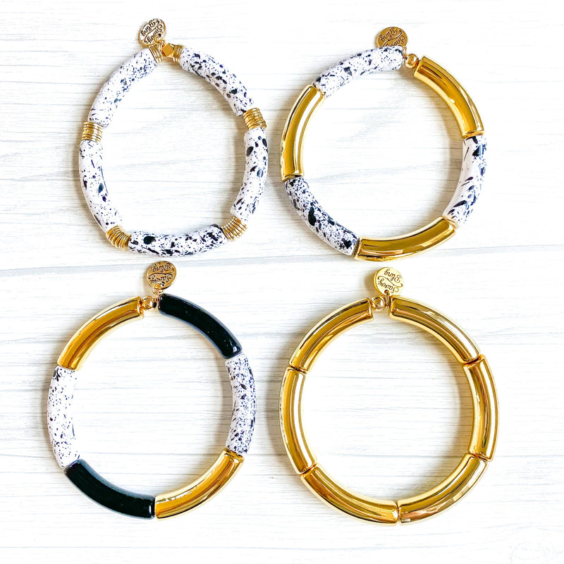 White & Black Speckle Acrylic Tube Bamboo Bracelet