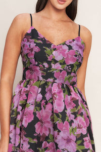 Floral print midi gown with cami top, wide cinched waistband, full skirt, and back zipper closure