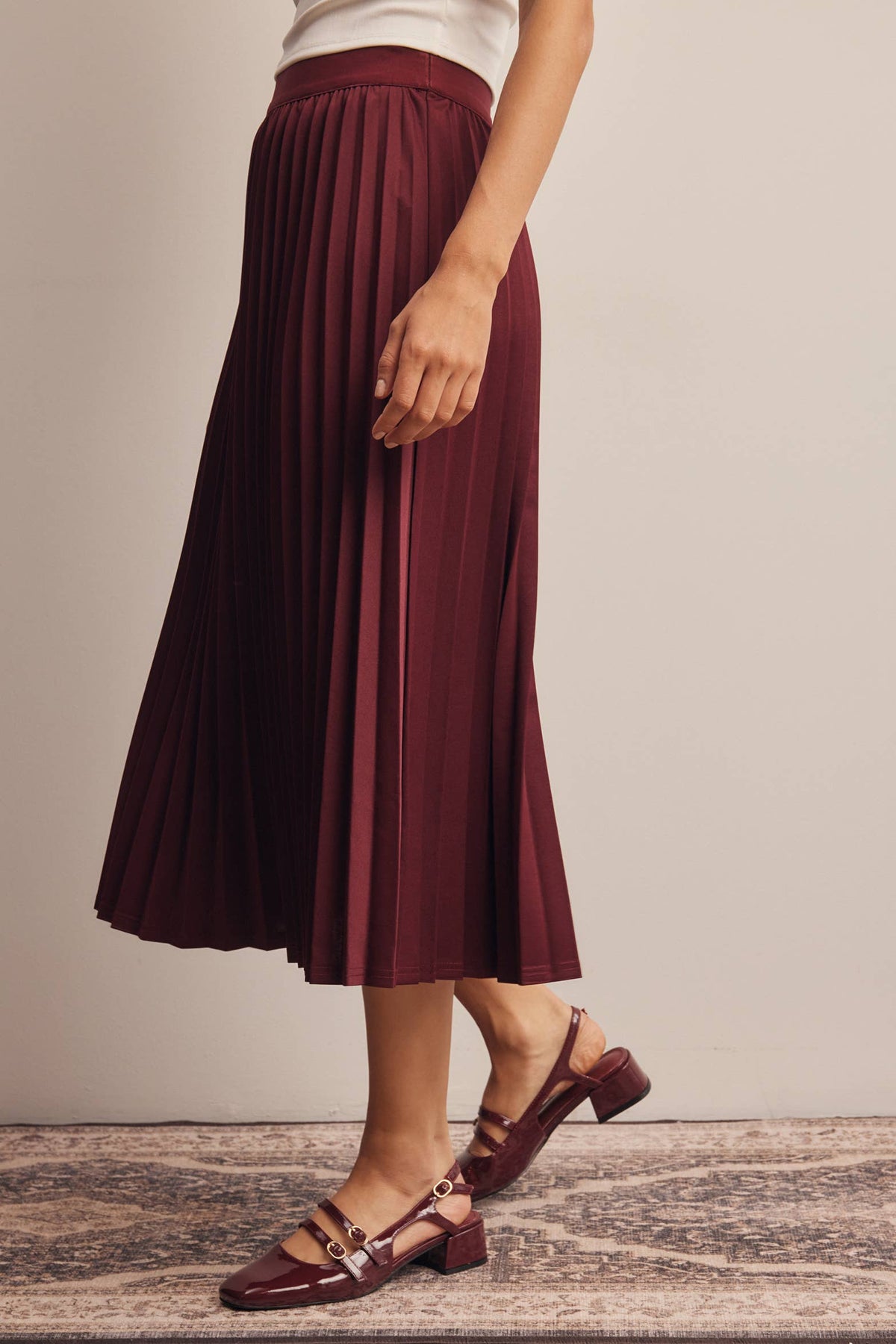 Burgundy Pleated Midi Skirt