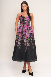 Floral print midi gown with cami top, wide cinched waistband, full skirt, and back zipper closure