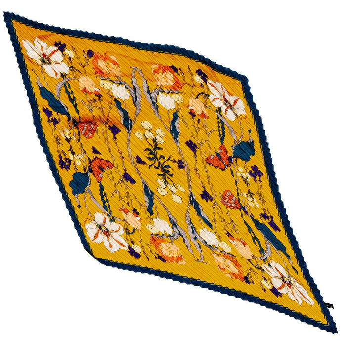 Yellow Pleated Floral Design Scarf
