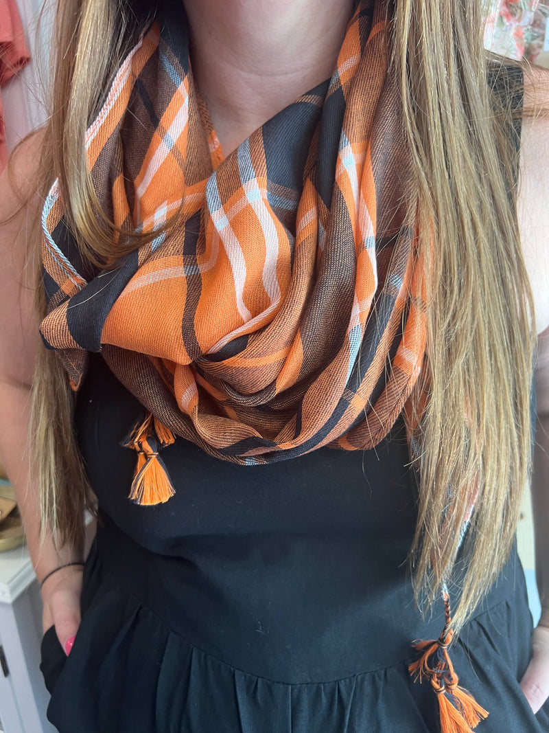 Orange & Black Tassel Plaid Scarf